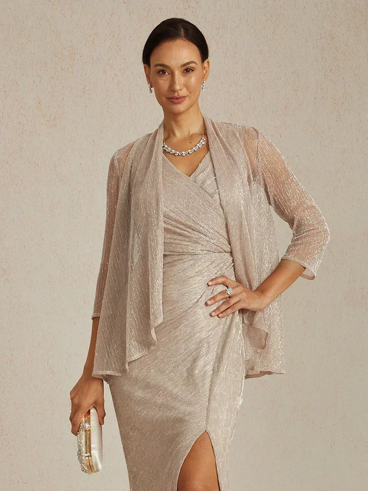 Metallic Pleated Chiffon Long Jacket with Layered Design