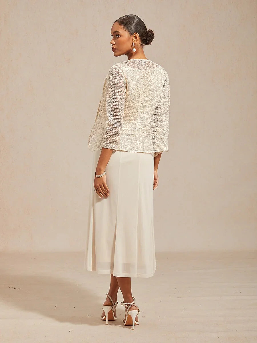 Mesh Sequin 3/4 Sleeve Jacket Dress