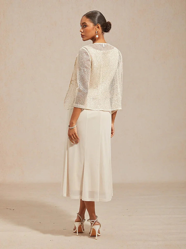 Mesh Sequin 3/4 Sleeve Jacket Dress