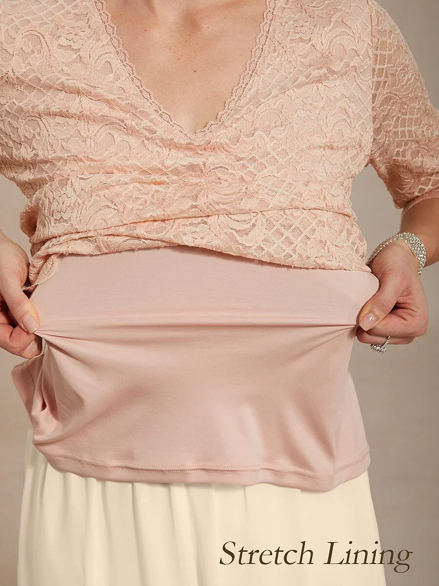 Feminine V-Neck Stretch Lace Top with Scalloped Hem