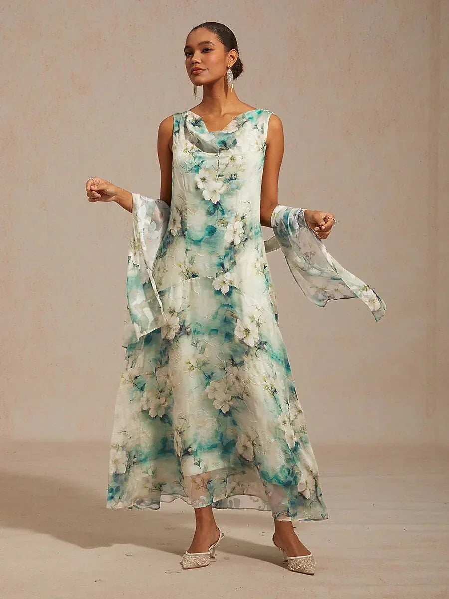 Floral Cowl Neck Tea-Length Dress with Flounce Hem