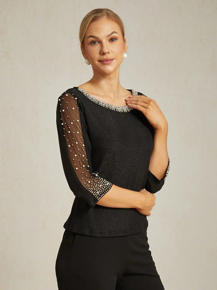 Beaded 3/4 Sleeve Metallic Knit Blouse