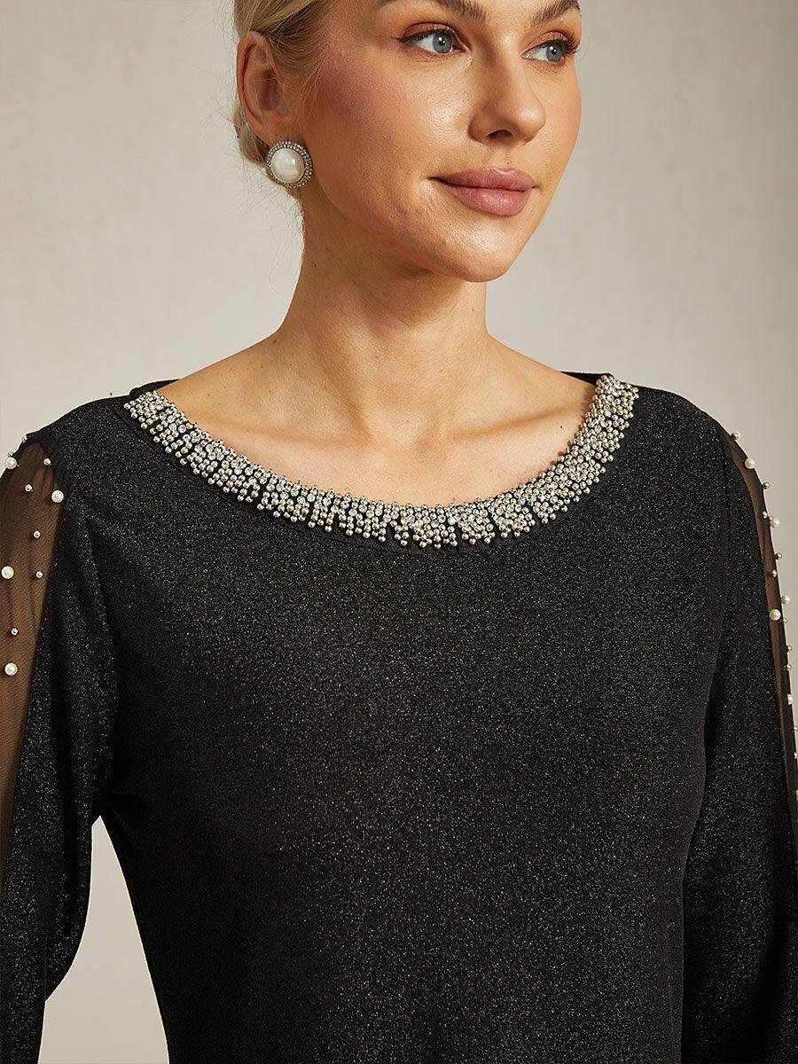 Beaded 3/4 Sleeve Metallic Knit Blouse