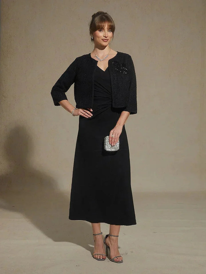 Black V-Neck A-Line Knit Dress with Waist Twist Design