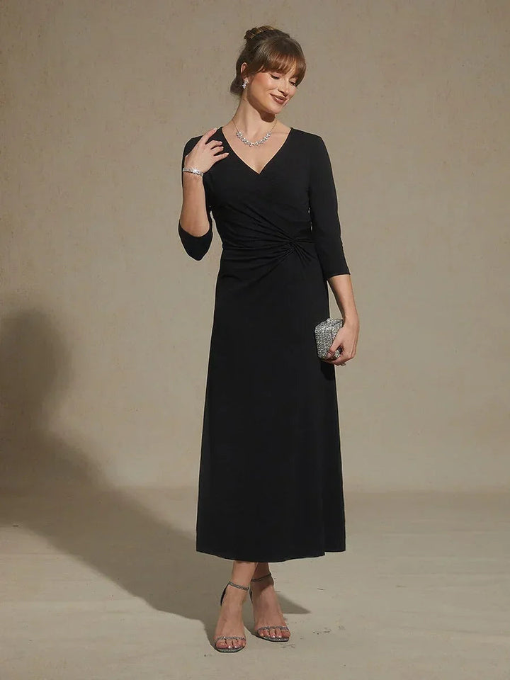 Black V-Neck A-Line Knit Dress with Waist Twist Design