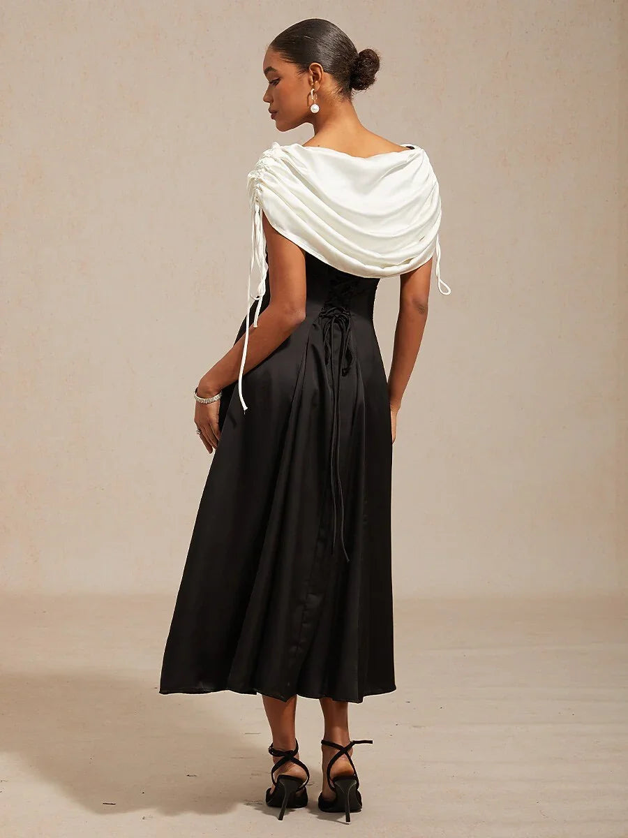 Satin Black and White Dress with Shoulder Tie Design