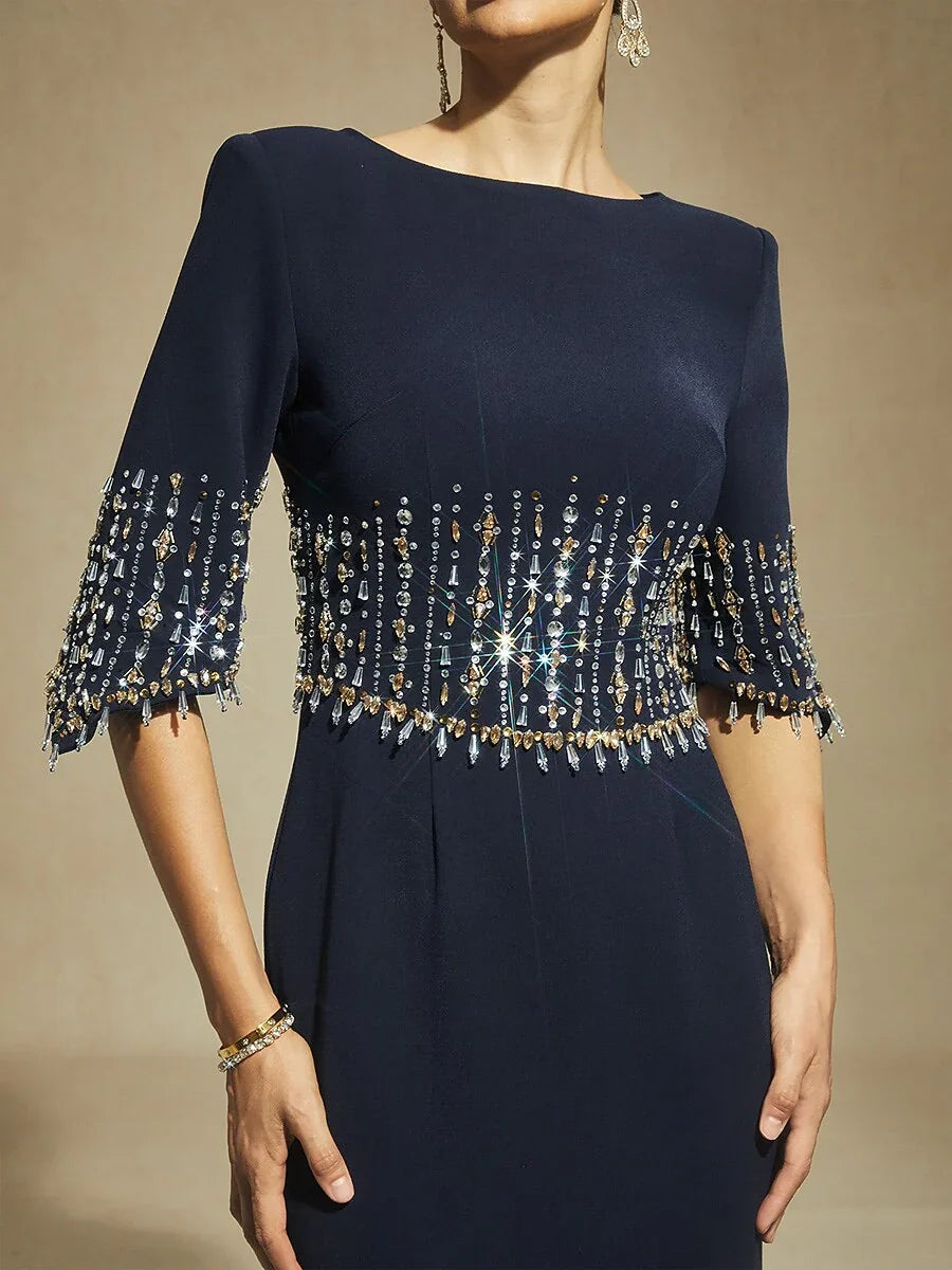 Boat Neck Mermaid Evening Gown with Crystal Details